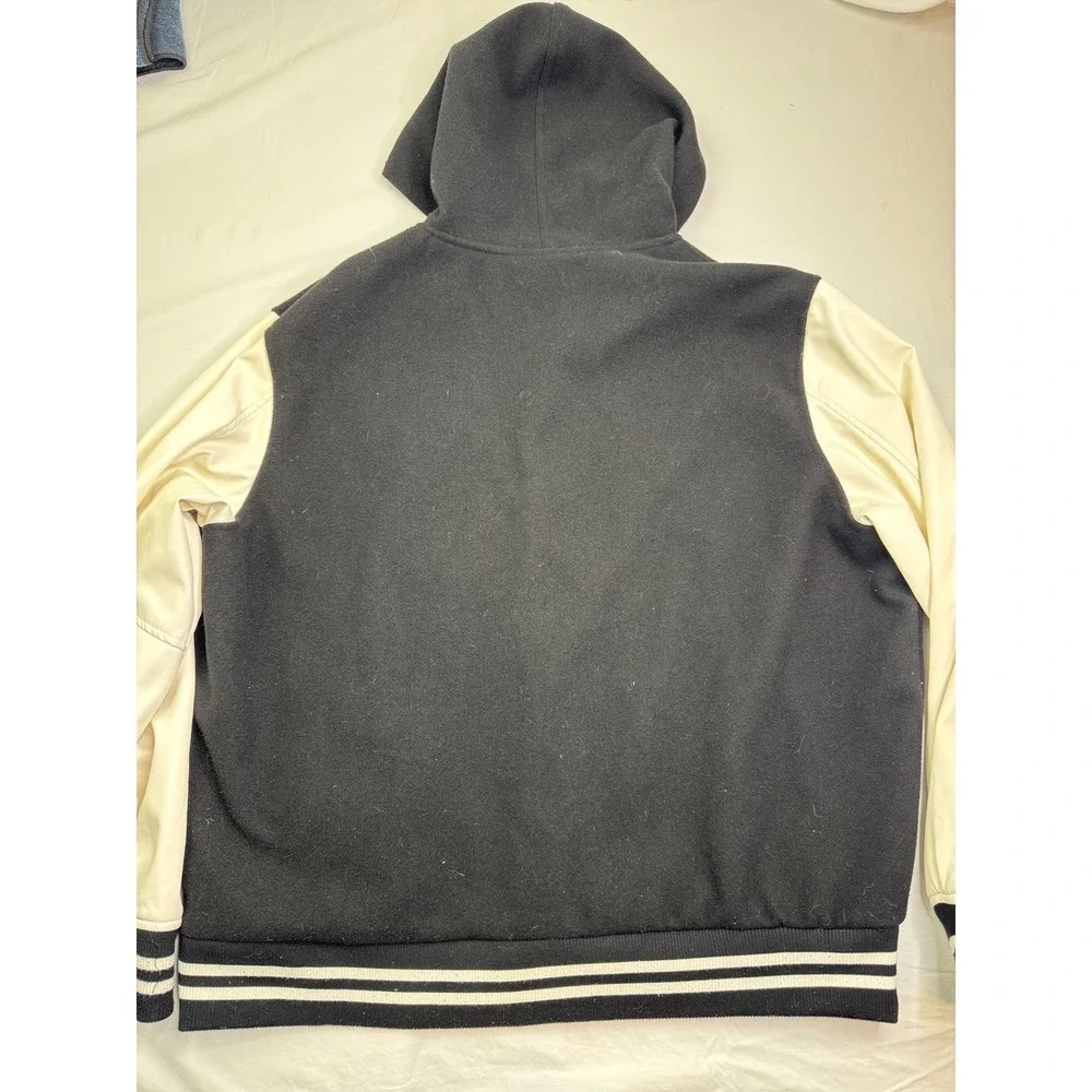 True Religion Hooded Varsity Jacket Black White Chenille Patch XL 51086-00